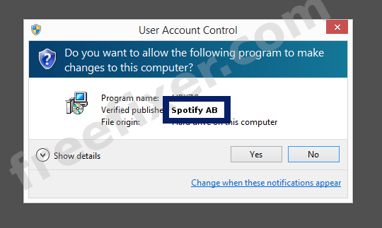 Screenshot where Spotify AB appears as the verified publisher in the UAC dialog